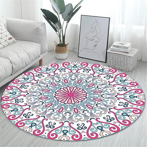 Tapis Rond Lavable en Machine, Morbuy Style Nordique Interieur Anti Slip Chambre à Coucher Salon Tapis d'Entrée Absorbant Antidérapant - Impression de Mandala Boho (Couleurs Arc-en-Ciel,80cm) - Nail Gallerys