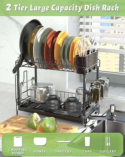 TONGKTAI Égouttoir à Vaisselle, Egouttoir à 2 Niveaux en Acier Inoxydable Antirouille avec bac D'égouttement pour Comptoir de Cuisine ou Evier, Noir - Nail Gallerys