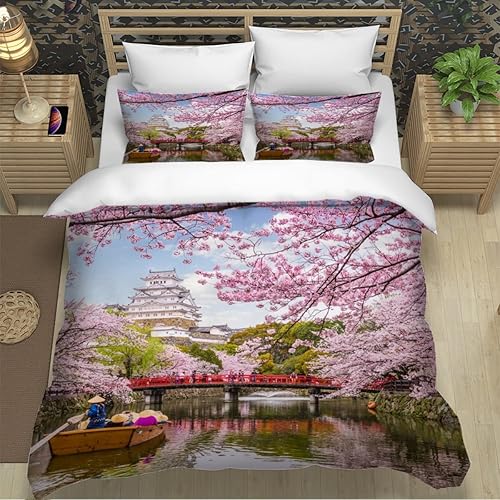 RLYXGS Housse De Couette 140x200cm Enfant Ado Fleurs De Cerisier Parure de lit 3D Japon Ensemble de Literie 1 Personnes avec Fermeture Éclair Et 2 Taies D'Oreill 3 pièces pour Garçon Fille Adulte - Nail Gallerys