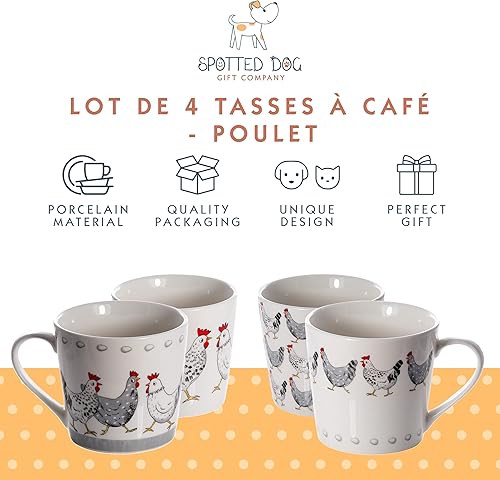 SPOTTED DOG GIFT COMPANY Tasse a Café Lot de 4 en Céramique au Motifs de Poule, Ensemble de Mug Original pour le Thé avec Coffret, Mignon Mugs Tasses, Cadeau pour Amoureux des Poules 380ml - Nail Gallerys