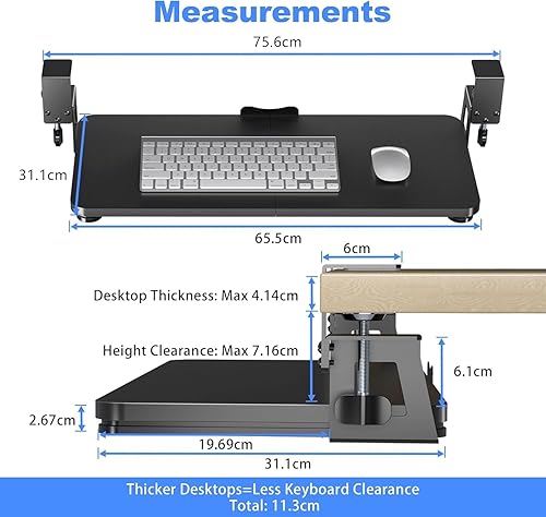 Plateau de clavier sous le bureau - Grande pince en C - 65,5 cm (75,6 cm avec les pinces) x 31,1 cm - Plateforme extensible pour ordinateur - Plateau coulissant pour clavier et souris - DSF4 - Nail Gallerys