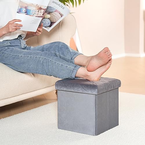 Bonlife Velours Petit Meuble de Rangement Jouet Enfant,Tabouret avec Espace de Rangement Repose Pied Bureau,Tabouret Pliant Pouf Cube 32x32x32cm,Gris - Nail Gallerys