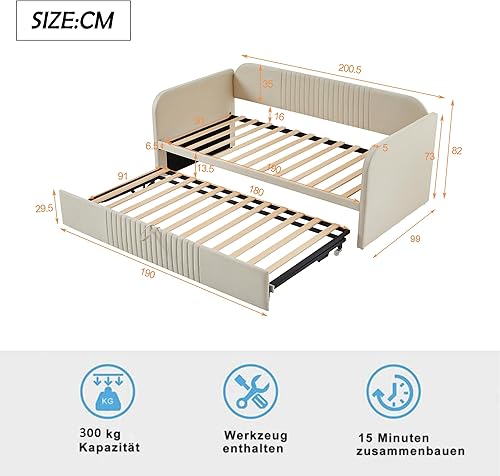 Sapgaks Lit capitonné 90/180 x 190 cm, canapé lit gigogne, Rayures Verticales, lit Multifonction avec sommier à Lattes, Lin, Beige (Matelas Non Inclus) - Nail Gallerys