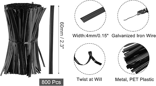 QUARKZMAN 2.3' Attaches de Torsion, Attaches de Torsion Métalliques, Attaches de Torsion en Plastique Réutilisables pour Les Sacs de Boulangerie, de Bonbons, de Friandises, Lot de 800, Noir - Nail Gallerys