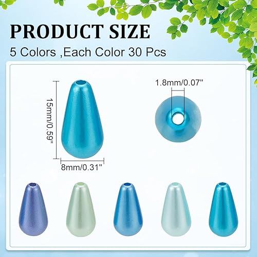 WADORN 150 pièce Perles D'Imitation en Plastique de Larme, 5 couleurs Perles en Plastique ABS Vert et Bleu en Forme de Goutte D'Eau 15x8mm en Vrac pour Bracelet - Nail Gallerys