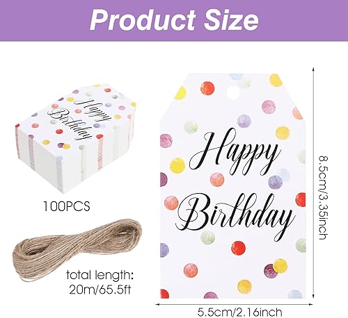 Lot de 100 étiquettes cadeaux d'anniversaire avec ficelle, étiquettes en papier pour cadeaux à pois colorés, étiquettes cadeaux personnalisées pour fête d'anniversaire, fête prénatale - Nail Gallerys