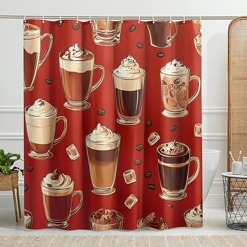 Rideau de douche motif tasse café rouge pour décoration de salle de bain, style cuisine moderne, ensemble de rideau de douche en tissu imperméable avec crochets 157 x 183 cm - Nail Gallerys