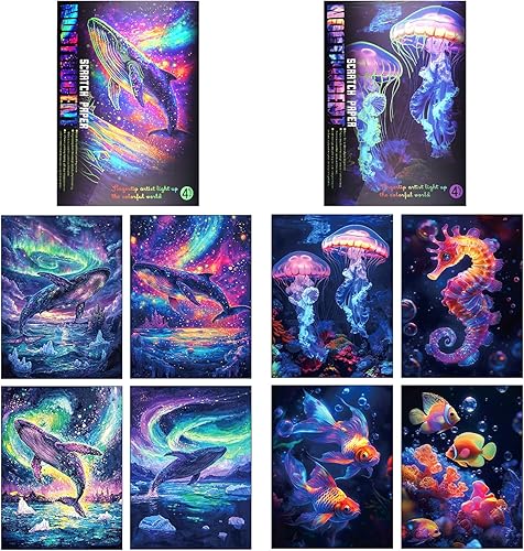 8 Feuilles de Carte a Gratter, A4 Dessin a Gratter Adulte, Scratch Paper Rainbow Painting avec 2 Stylos à Tracer, Magic Scratch art Kit pour Décoration, Excellent Cadeau (Monde de la Mer + Baleine) - Nail Gallerys