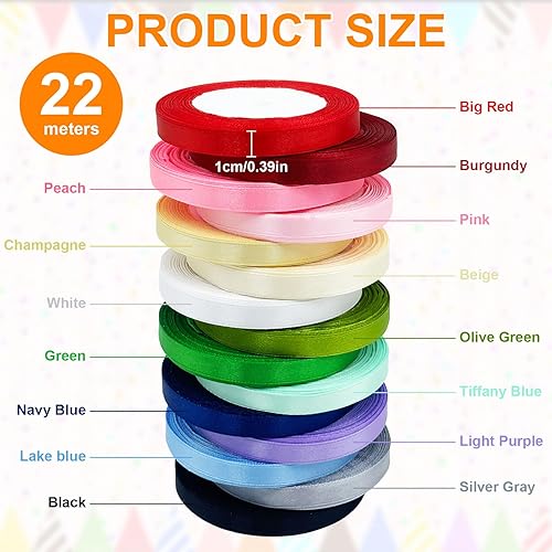Druuzyl Ruban Satin 15 Couleurs 22m x 10mm - Bande Polyester pour Emballage Cadeaux, Décoration Mariage (Jeu du Bouquet), Couture, Travail Manuel et DIY, Noeuds & Projets Créatifs - Nail Gallerys