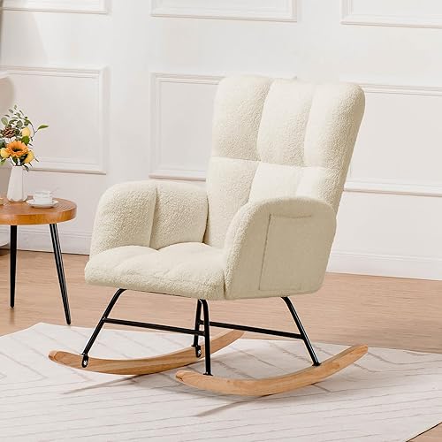 COMHOMA Fauteuil à Bascule, Fauteuil de Relaxation, avec accoudoirs, en Peluche Peluche, Charge maximale : 150 kg, Chaise Longue de Jardin pour Chambre à Coucher, Salon, Beige - Nail Gallerys