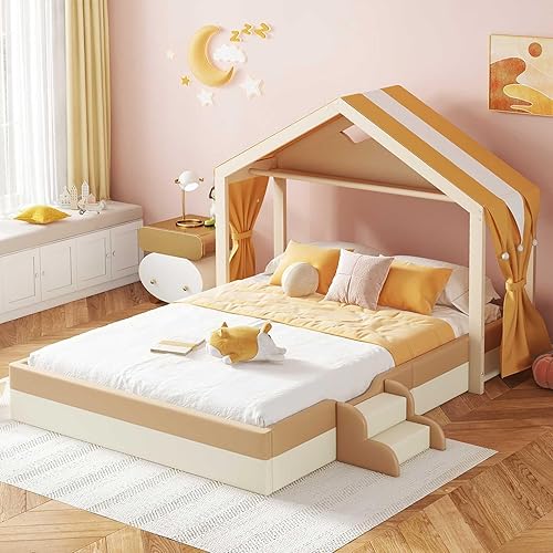 YEHTOKHOME Lit rembourré en PU 140x200cm,Moderne lit pour Enfants en Forme de Maison,Double lit avec marches et sommier à Lattes(sans Matelas) - Nail Gallerys
