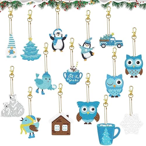 burkfeeg 15 Pièces Porte-Clés de Peinture Diamant de Noël, 5d Diamond Painting Pendentif Flocon, Peinture Diamant Hibou Diy Adapté à La Décoration de Noël - Nail Gallerys
