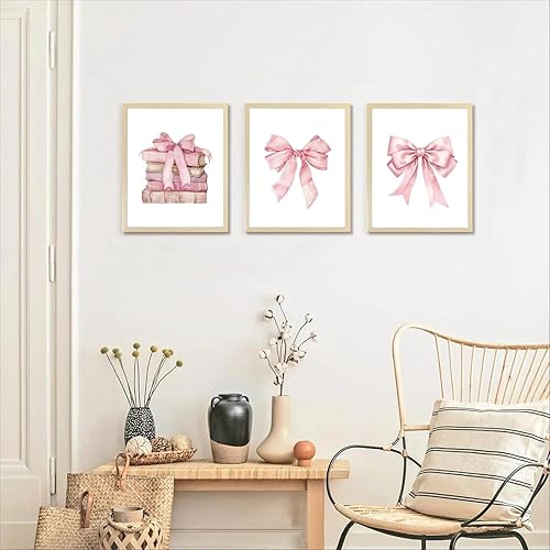 Linilioart Lot de 3 impressions sur toile avec nœud rose et coquette - Décoration murale tendance pour chambre à coucher ou dortoir - Sans cadre (30 x 40 cm) - Nail Gallerys