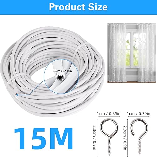 15M Cable pour Rideaux,Cordon Plastifié Rideau de Douche,Cordon de Rideau Plastifié Blanc,avec 30Pièces Boulons à Oeil 30 Pièces Crochets à Visser,pour Rideaux Maille,Douche Moustiquaire DIY - Nail Gallerys
