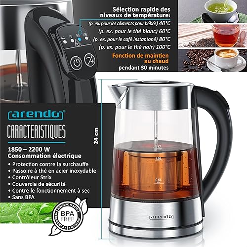 arendo Ensembles Bouilloire et Grille-Pain en Set, Bouilloire et théière électrique en Verre et INOX avec Un passoire 1,7L 40°-100°C, Grille-Pain 2 Tranches Ecran LED 6 Niveaux de brunissage, Gris - Nail Gallerys