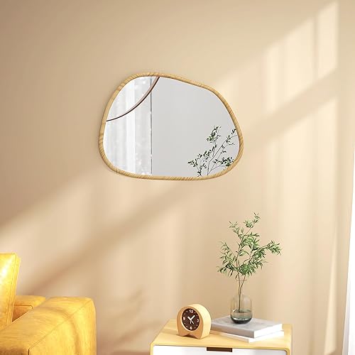 HOMCOM Miroir Mural, Miroir décoratif, Forme Organique, 70 x 50 cm, Horizontal ou Vertical, avec Cadre en Bois de pin, Miroir Suspendu pour Salle de Bain, Chambre, Salon, Couloir, Naturel - Nail Gallerys