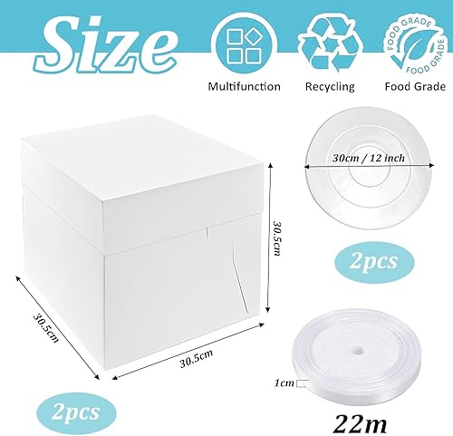 Kleemeiero 2PCS Boîte à Gâteau Boite Transport Gateau Boite Gateau Carton avec Ruban Blanc et Planche à Gâteau Boite Patisserie Carton Boîtes de Transport pour Gâteaux en Carton (30.5*30.5*30.5cm) - Nail Gallerys