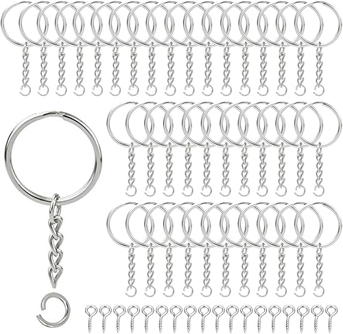 WeddHuis 100 Pièces Kit de Fabrication de Porte-clés (50 Anneaux de Porte-clés avec Chaîne + 50 Vis à Œillet) Anneaux de Clés avec Chaîne pour Clés DIY Bijoux Sacs (25mm) (Argent) - Nail Gallerys