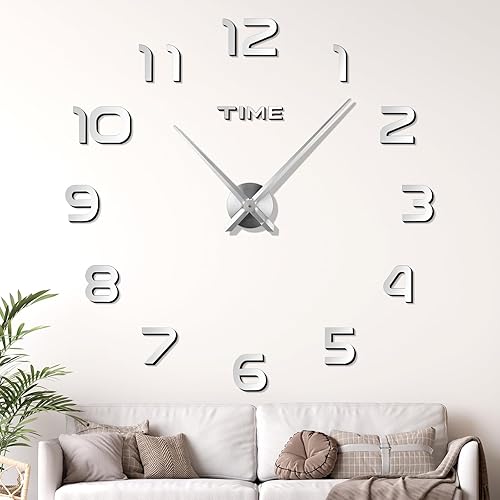 JIZZU 3D Moderne Horloge Murale, Horloge Murale Géante 120cm Silencieuse, Autocollant DIY Horloge Numérique Murale Metal pour Décoration de Salon Chambre Bureau, Cadeau (60-120 cm)- Argent - Nail Gallerys