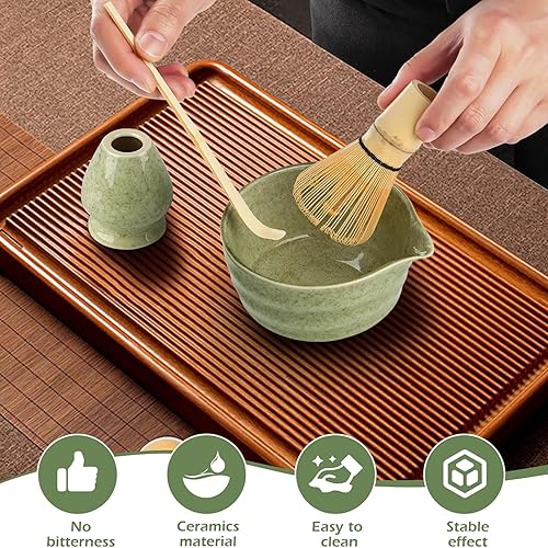 PZCC Ensemble de Matcha Japonais 4 Pièces, avec Fouet et Cuillère en Bambou, Bol Fait Main avec Bec Verseur, Support de Mélange en Céramique, Cadeaux Créatifs pour Les Amateurs de Matcha (Matcha Vert) - Nail Gallerys