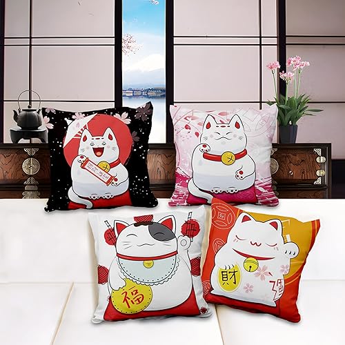 Aoihrraan 41x41cm Lot De 4 Housse De Coussin Style Japonais Chat Chanceux Lin De Coussincarré Taie d'oreiller Decoration Canapé Taverne Japonaise Maison Décor Housse Coussin Tatami Jardin Exterieur - Nail Gallerys