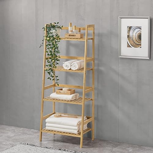 [en.casa] Étagère Échelle à 4 Niveaux pour Salle de Bain Cuisine Meuble de Rangement Moderne Capacité de Charge 10 kg par Niveau Bambou 48 x 32 x 123 cm Naturel - Nail Gallerys