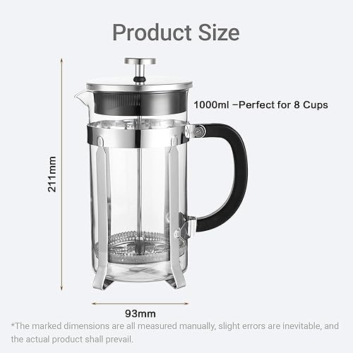 French Press - Cafetière à Piston, Percolateur à Café en Verre Borosilicate Résistant à la Chaleur, Plage de Température -20°C à 130°C, Idéal pour Maison, Bureau, Café ou Salon (1L) - Nail Gallerys