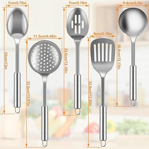 Lot de 5 ustensiles de cuisine en acier inoxydable avec poignée ergonomique, ustensiles de cuisine réutilisables avec trou de suspension, accessoires de cuisine pour la cuisine incluant spatule - Nail Gallerys
