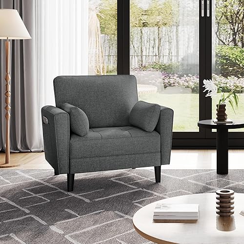 Yaheetech Fauteuil de Salon Moderne avec Accoudoir et Poches Fauteuil Relax avec Coussins Cadre en Bois Fauteuil Chambre en Tissu pour Salon Gris - Nail Gallerys