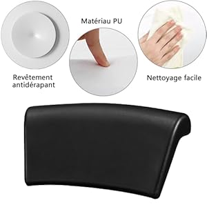 Le texte indique « Matériau PU ». Le produit présente un coussin de bain noir avec une surface antidérapante, un nettoyage facile et des propriétés imperméables sur trois panneaux circulaires.
