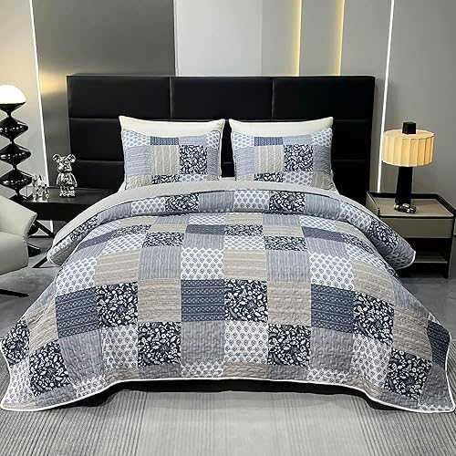 DECMAY Couvre-lit 220 x 240 cm - Gris - Couvre-lit Patchwork pour lit Double - Couvre-lit 3 pièces avec Coussin - Microfibre - Design Romantique et Confortable - Nail Gallerys