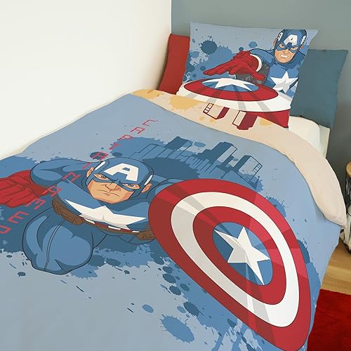 Marvel - Housse de Couette réversible Captain America et Iron Man 140x200 cm - 100% Coton - Bleu et Jaune - Nail Gallerys