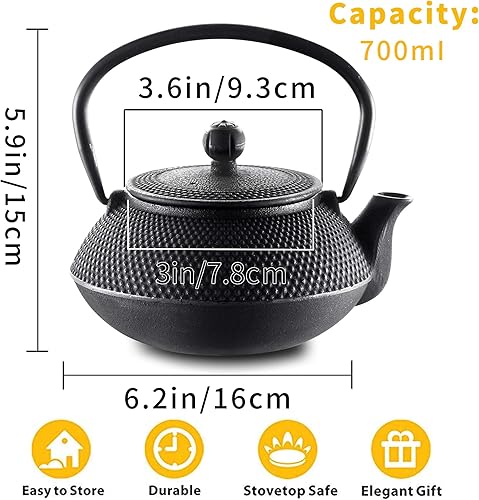 Velaze Théières en Fonte avec Tasse de Thé, Emaillé Noir à l’Intérieur de 0.7L, Ensemble de Teapots en Fer Traditionnel avec Panier en Inoxydable, Plateau en Fonte et 2 Tasses de Thé Inclut - Nail Gallerys