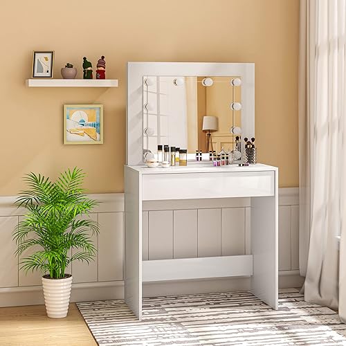 EUGAD Coiffeuse avec éclairage LED, Table de Maquillage Table Cosmétique avec Tiroirs, Coiffeuse avec Rangement, Meuble Chambre Moderne 80x40cm Blanc 0019SZT - Nail Gallerys