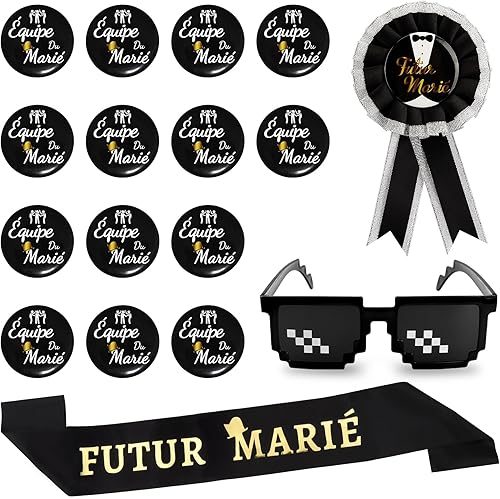 Annhao 17 PCS Décoration EVG Enterrement de Vie de Garçon EVG Homme Accessoire Mariage Badge Futur Marié Écharpe Futur Marié et 14pcs Badges Équipe du Marié Lunettes de Soleil pour Mariage Fiançailles - Nail Gallerys