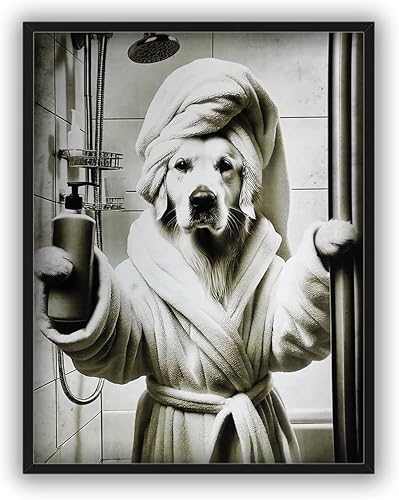 KUSTOM ART Affiche murale décorative série animaux meuble toilette chien Golden Retriever en peignoir, impression artistique sur papier couché 40 x 30 cm sans cadre - Nail Gallerys