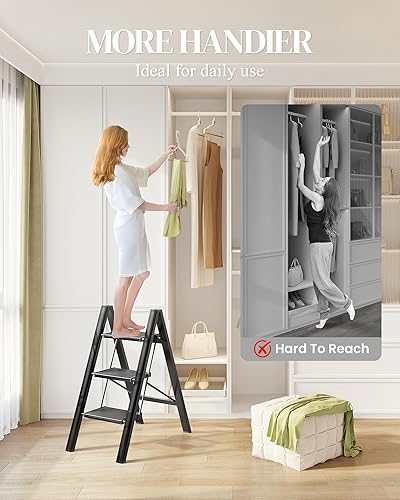 GameGem Escabeau pliable à 3 marches avec large pédale antidérapante, matériau en aluminium léger mais robuste, charge de 150 kg, aspect moderne mignon pour les espaces domestiques intérieurs, - Nail Gallerys