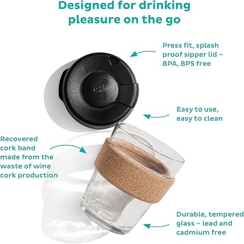 KeepCup Tasse à café réutilisable en verre trempé et liège naturel, M 340 ml, clair de lune - Nail Gallerys