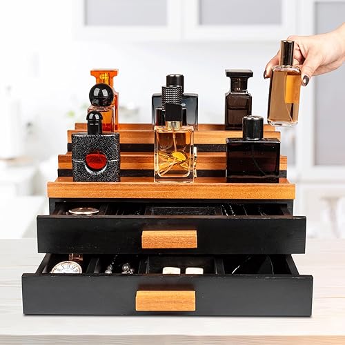 Cokritsm Organisateur d’Eau de Cologne à 3 Niveaux avec 2 tiroirs - Présentoir Cologne pour Hommes et Femmes, Rangement de Meuble-lavabo pour Chambre et Salle de Bain Noir - Nail Gallerys