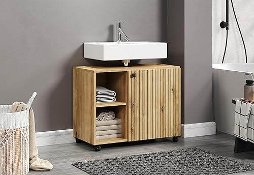 trendteam Smart Living - Meuble sous-Vasque à roulettes - Salle de Bain - PureBliss - Dimensions de Montage (LxHxP) 80 x 64 x 42 cm - Couleur chêne Evoke avec rainures Noires - 233730142 - Nail Gallerys