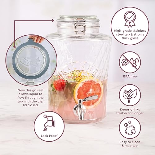 Kilner Diamond Distributeur de boissons en verre avec robinet en acier inoxydable, couvercle hermétique à clip et joint en silicone, idéal pour les jus, cocktails et boissons infusées 5 l - Nail Gallerys