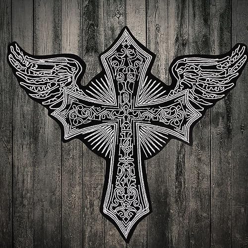 Écusson brodé en forme de croix avec ailes d'ange, veste, gilet, costume, motard, à coudre ou à repasser - Nail Gallerys