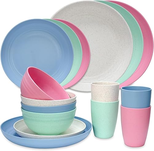 Vaisselle Plastique 16 Pièces, Service de Table Camping, Service de Table 4 Personnes avec Bol, Assiette et Gobelet, Vaisselle Plastique Reutilisable pour Pique-Nique, Fête, Barbecue - Nail Gallerys