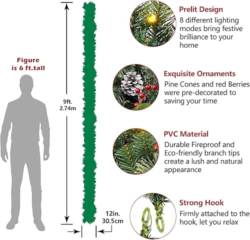 SHareconn Guirlande de Noël Artificielle Pré-Illuminée 270 cm, avec Baies Rouges et Pommes de Pin, avec Lumières Multicolores et Fonction Minuterie, pour Cheminée D'escaliers de Noël, 9FT (Neiger) - Nail Gallerys