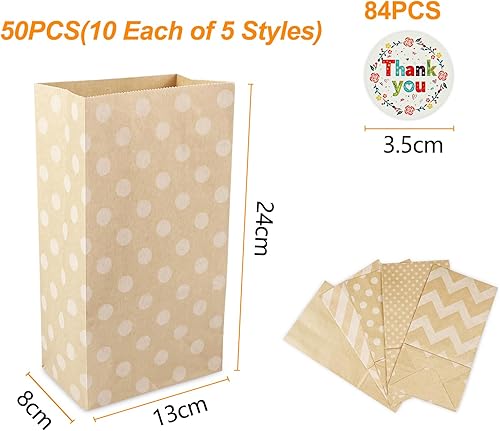 Relota 50 pièces sachet kraft,sac papier kraft avec 84 autocollants, pochette cadeau pour emballer desserts et cadeaux, pochettes cadeaupour Anniversaires Enfants, Mariages, Noel Fêtes, Halloween - Nail Gallerys