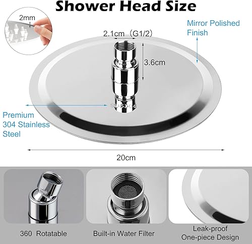 Tête de Douche 20cm Acier Inoxydable 304, Pommeau de Douche Rond 8 Pouces, Rotatif 360° Shower Head, Haute Pression, Economie d'Eau, Facile à Installer et à Nettoyer, Effet Pluie Anti-Calcaire - Nail Gallerys