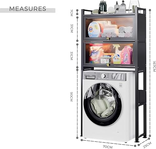 Étagère au-dessus de la Machine à laver avec Portes Pliantes | Support de Rangement Étanche | Étagère de Rangement Polyvalente | Économisez de l'espace avec 3 Niveaux | Pieds réglables en Hauteur - Nail Gallerys