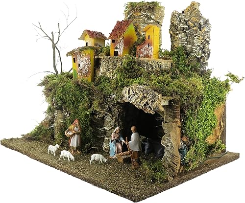 Ferrari & Arrighetti Village de Crèche Complet avec Maisons, Lumières et Figurines de 6,5 cm, Bois, 38x28x30 cm - Nail Gallerys