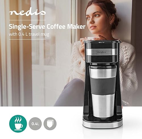 NEDIS KACM300FBK cafetière inox – gobelet de voyage avec couvercle – double paroi isolante – fonction anti-goutte – 1 tasse – 0,4 L – noir/argent - Nail Gallerys