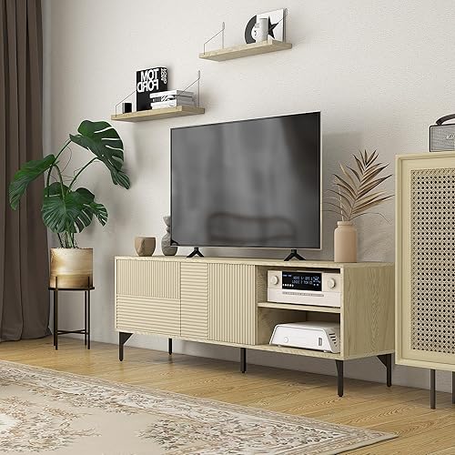 HOMCOM Meuble TV Banc TV Support de télévision jusqu'à 65 Pouces avec 2 niches 2 Passe-câbles et 1 Placard 2 Portes piètement Acier - 150 x 40 x 56 cm Jaune Noir - Nail Gallerys